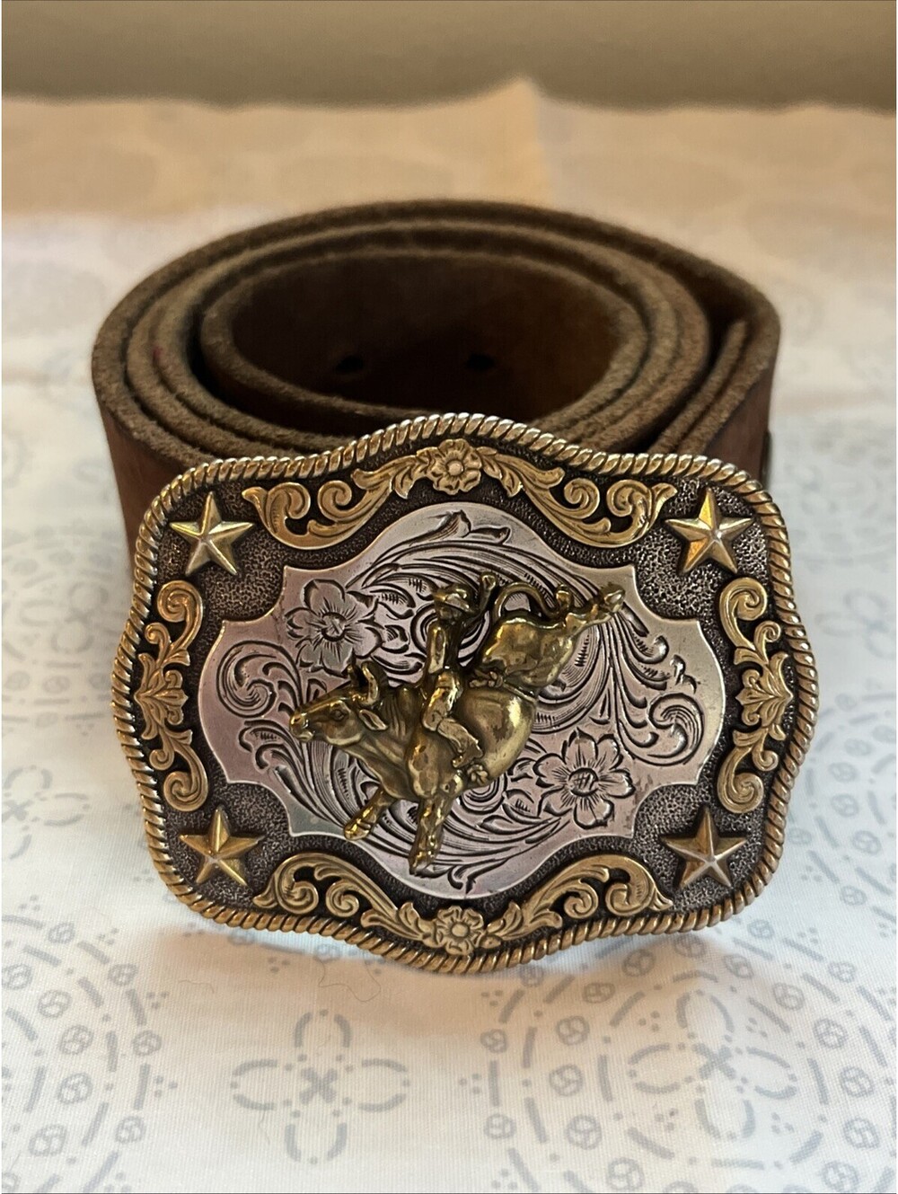 Nocona Western Cowboy Floral Leather Belt Longhorn Steer Silver Gold Buckle 32